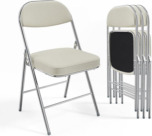 VINGLI 4 Pack Folding Chairs with Padded Seat & Backrest, Metal Frame, Durable Corduroy Fabric, 350 lbs Capacity, Set of 4, Off-White – Ideal for Weddings, Parties, Office Events