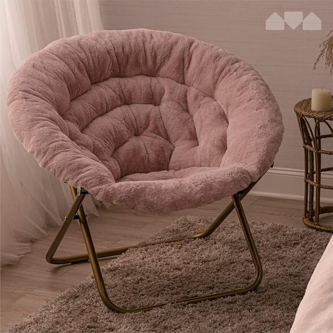 Milliard Saucer Chair For Adults, Teens & Kids, Pink, Faux Fur XL Circle Chair for Bedroom, Dorm & Gaming, Foldable Comfy Accent Seat for Small Spaces, Folding Moon / Mushroom / Round Oversized Style