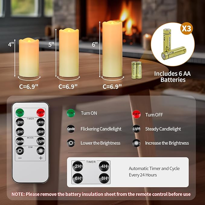 Flickering Flameless Candles, Realistic Battery Operated Candle with Timer, 6 AA Batteries Included, Set of 3 Outdoor Indoor Decor with 10-Key Remote LED Flameless Candles, Birthday Gifts for Him, Her