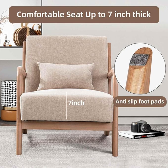 INZOY Mid Century Modern Accent Chair with Wood Frame, Upholstered Living Room Chairs with Waist Cushion, Reading Armchair for Bedroom Sunroom (Beige)