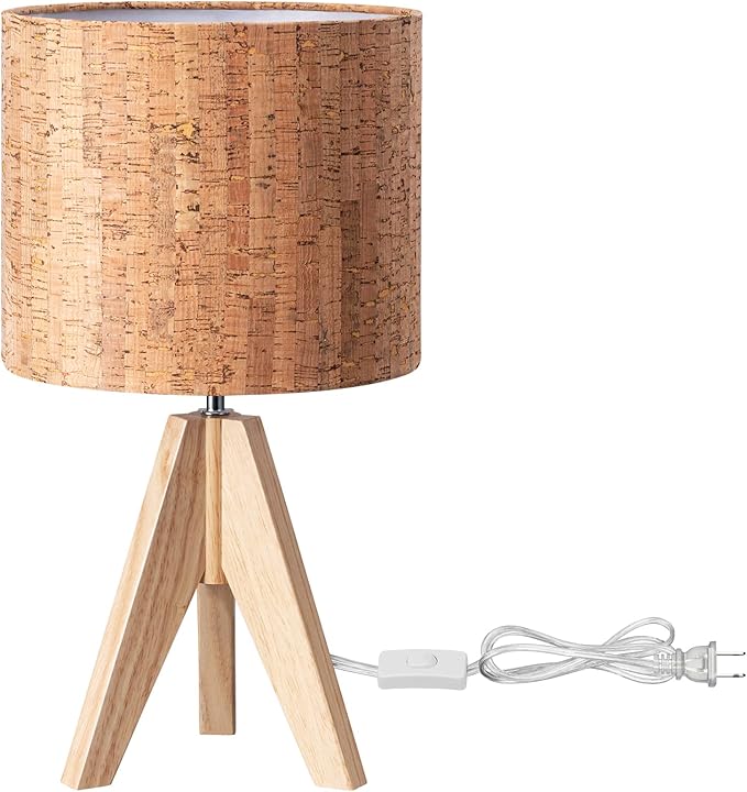 EDISHINE Small Table Lamp, Wooden Tripod Nightstand Lamp with Bark Linen Shade, Farmhouse Bedside Lamp for Nursery, Bedroom, Kids Room, Office, Reading Desk, 14.2 Inch, E26 Socket, ON/Off Switch