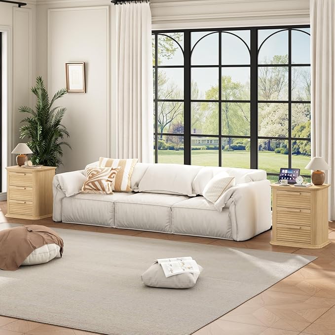 22'' Fluted Nightstand with Charging Station Set of 2, Modern End Table with 3 Drawers and Storage, Wood Side Table Dresser with Round Corner for Bedroom, Living Room, Curved Profile, Natural Oak