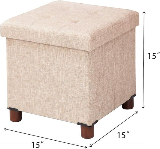 15 Inch Storage Ottoman with Wooden Legs - Cube Foot Rest Stool, Square Footstool, Comfortable Seat with Lid, Foldable Fabric Ottoman, Space-Saving Beige
