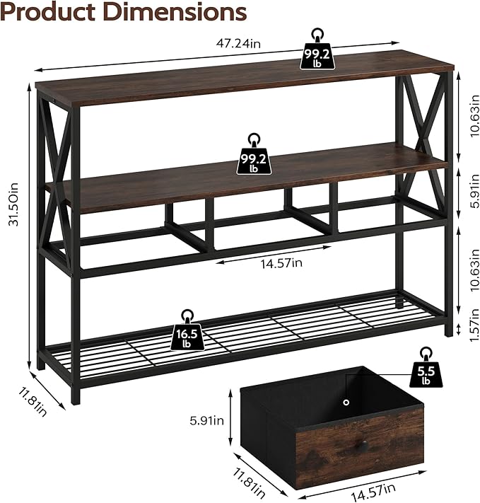 47'' Farmhouse Console Table with 3 Drawers and Open Shelf, Sofa Table Behind Couch for Entryway, Living Room, Hallway, Foyer, Rustic Brown, Durable and Wear-Resistant