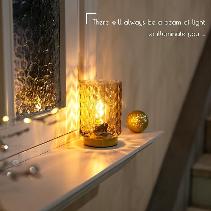 Aesthetic Battery Operated Lamp with Timer, Small Decorative Table Lamp, Glass Cordless Lamps Bedside Battery Powered Lamp for Living Room, Entryway Wave Design-Amber