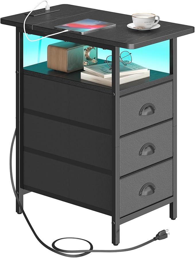 End Table with Charging Station,LED Side Tables with USB Ports and Outlets,Narrow Nightstands Bedside Tables with 3 Drawers PU Finish for Small Space,Slim Sofa Table for Livingroom,Black
