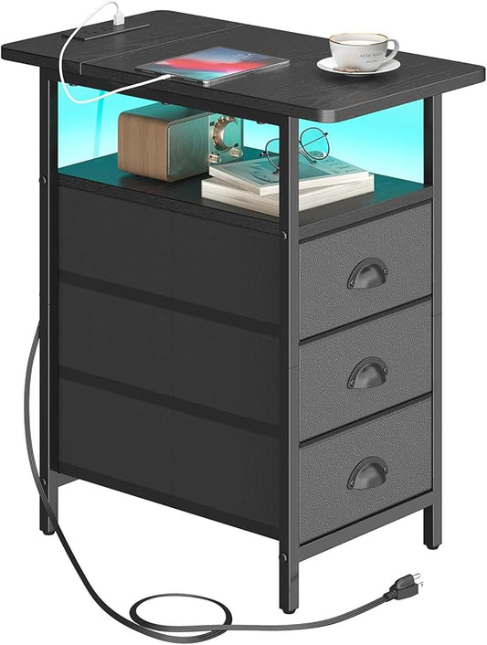 End Table with Charging Station,LED Side Tables with USB Ports and Outlets,Narrow Nightstands Bedside Tables with 3 Drawers PU Finish for Small Space,Slim Sofa Table for Livingroom,Black