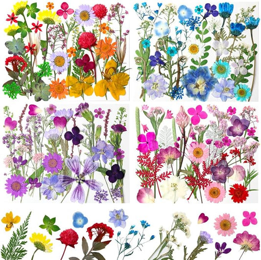 140Pcs Dried Pressed Flowers, Natural Dried Flowers Bulk with Dried Leaves for Resin, Mixed Color Dried Flowers for DIY Crafts, Epoxy Resin, Candle Making, Jewelry, Floral DIY Art, DIY Supplies Kits
