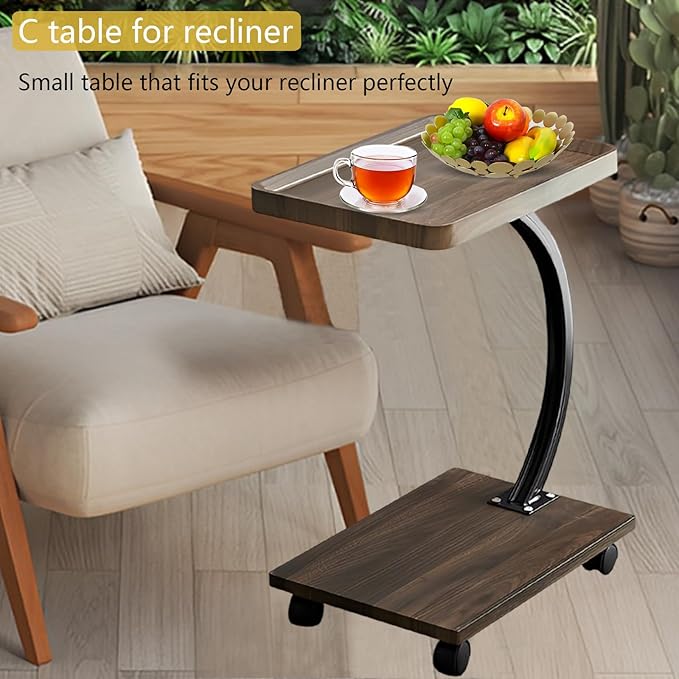 C Table End Table,360°Swivel TV Tray Table for Small Spaces, Couch Tables That Slide Under, C Shaped Side Tables with Wheels for Living Room and Bedroom, Bed,Chair, Snack Table