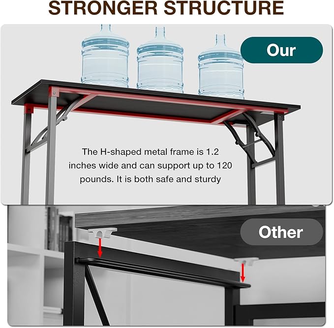 TEMI Long Computer Desk Folding Table - No Assembly, Compact 55.1" Foldable Desk with Power Outlets & USB Charging Port, Portable Lagre Office Desk, Study Table for Narrow Spaces, Dark Oak