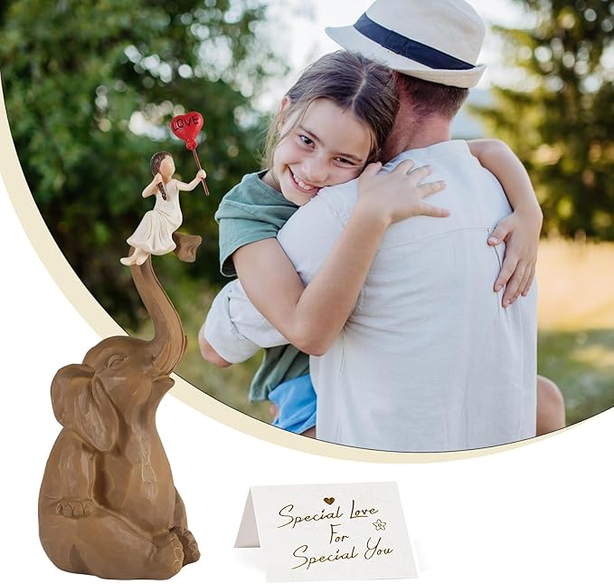 Elephant Statue Home Decor - Handmade Resin Sculpture Girl with Love Balloon Sitting on Elephant Figurines, Gifts for Women Girl Birthday (Brown)