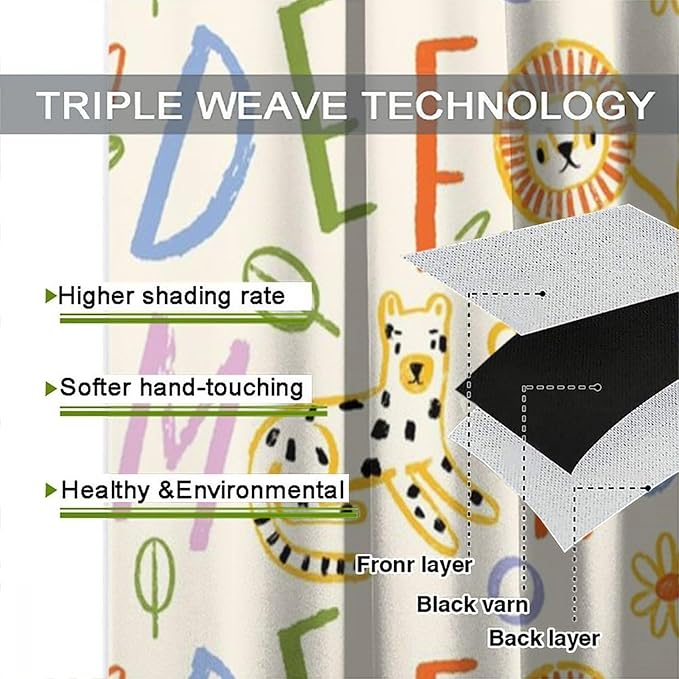 BAEKJIN Kids Alphabet Curtains， Hand Drawn Colorful ABC Letters and Animals Pattern Print Decor Window Drapes for Bedroom Living Room 42x45 Inch