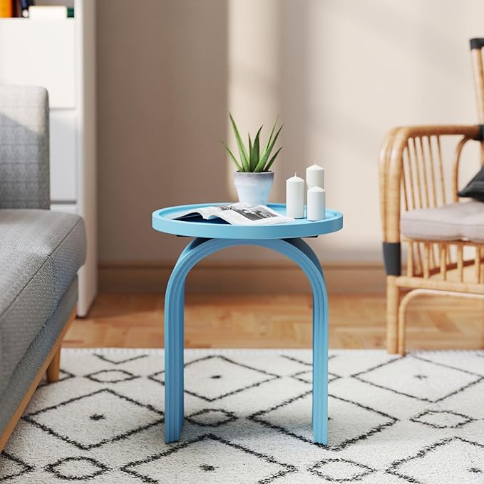 VESCASA 17.75" W Round Sofa Side Table, Modern Nightstand with Arched Wooden Legs, Small Accent End Table for Living Room, Bedroom, Baby Blue