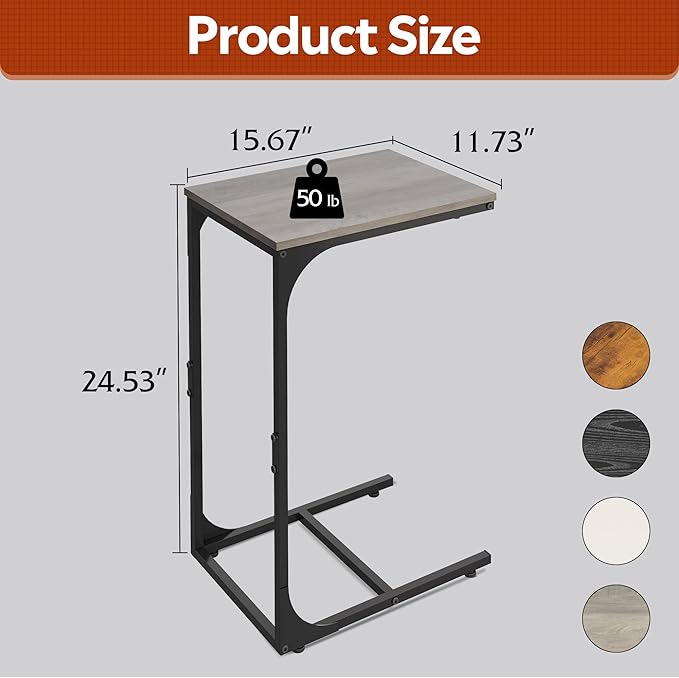 WLIVE C Shaped End Table, Small Couch Side Tables with Metal Frame, Sofa Table TV Tray for Living Room, Bedroom, Greige