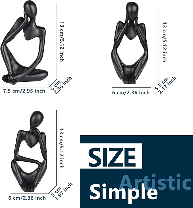 BOPART 3Pcs Thinker Statues Black Decor for Home, Office or Living Room, Resin Black Figurines Sculptures for Floating Shelf, Coffee Table Decoration