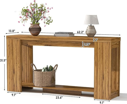Extra Long Console Table with Storage, Farmhouse Wood Entryway Table with Thickened Base, Narrow Entryway Accent Table for Living Room, Hallway, Entrance, Walnut