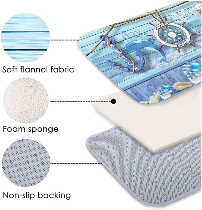 Bath Rugs Sponge Foam Absorbent Soft for Bathroom and Kitchen (47x18 inches), Flannel Mat Non Slip Bright 3D Print for Bedside and Living Room(Nautical Anchor Helmsman)