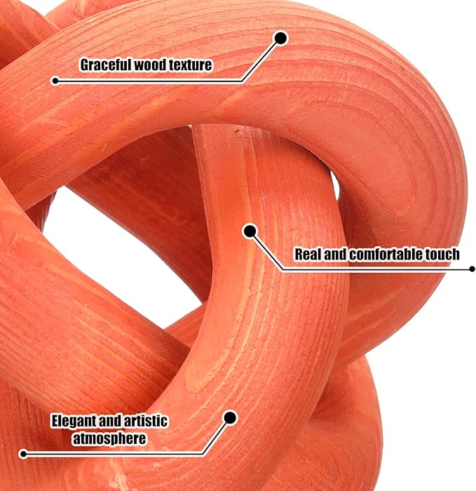 3 Link Wood Knot Decor - Hand Carved Coffee Table Decoration, Boho Chain Link Decor, Modern Shelf, Rustic Objects for Home Living Room Bedroom (Orange)
