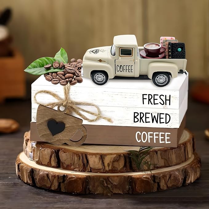 Coffee Decor for Coffee Bar Vintage Truck Decor with Books and Coffee Signs for Coffee Station Farmhouse Kitchen Decor Coffee Bar Accessories Tiered Tray Decor Coffee Table Centerpiece for Home, Cream