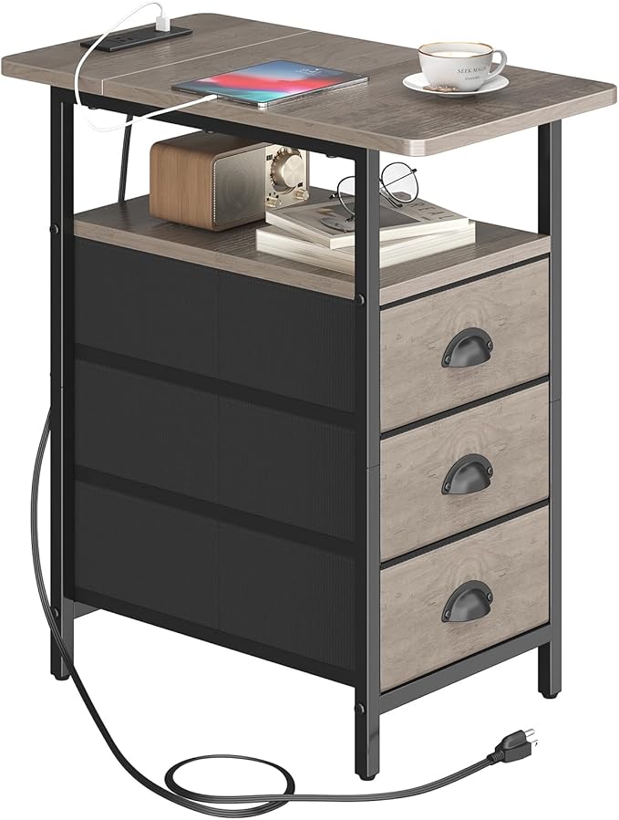 End Table with Charging Station, Side Tables Livingroom with USB Ports and Outlets,Narrow Nightstands Bedside Tables with 3 Drawers for Small Space,Slim Sofa Table Bedroom,Grey