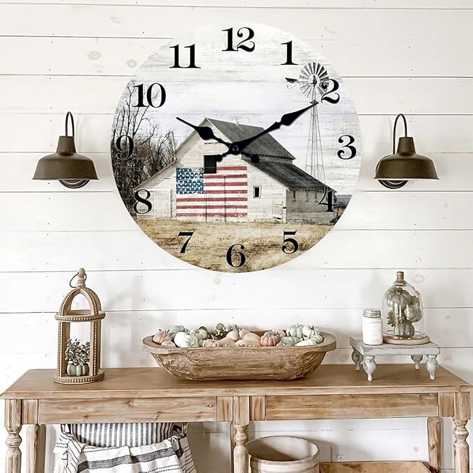 XFM Farmhouse Wall Clock 14 Inch Rustic Barn Wooden Clocks Silent Non-Ticking Battery Operated Country Landscape Small Round Clock for Living Room Kitchen Bedroom Office