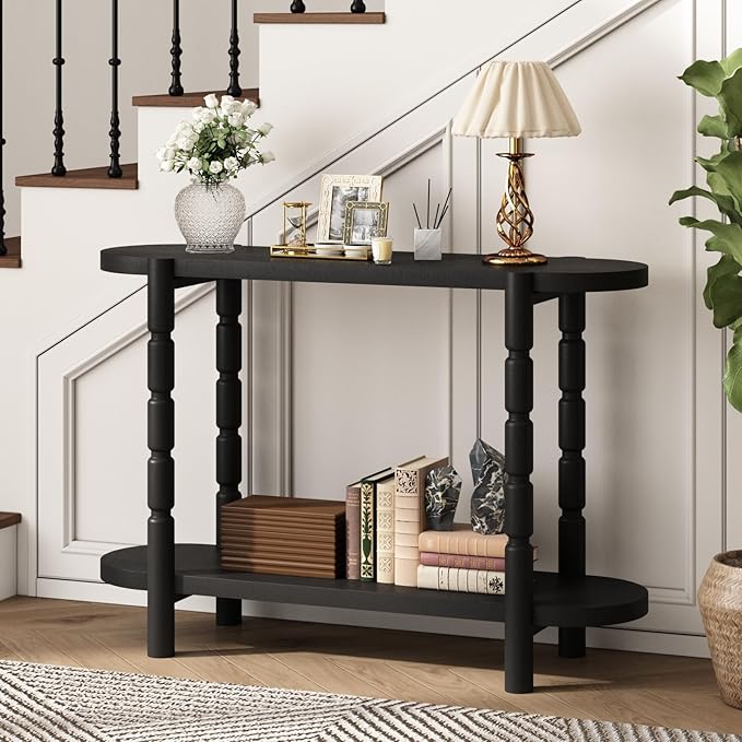 Farmhouse Entryway Table with Storage-43.4" Narrow Console Table with Solid Wood Legs, 2 Tiers Rounded Corners Sofa Tables for Living Room，Hallway, Entrance, Foyer, Black