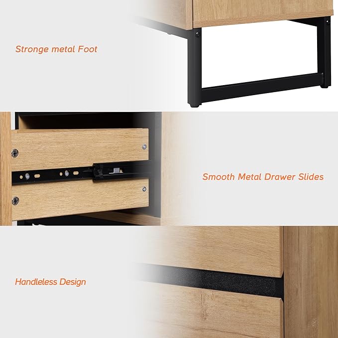 WAMPAT 2 Pack Modern End Table with 2 Drawers, Farmhouse Sofa Table with Black Square Iron Leg, Wood Rustic Side End Table for Living Room, Nighstand for Bedroom, Oak