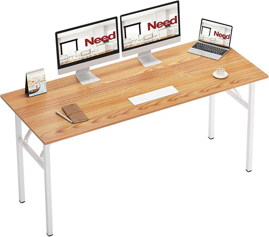 Need Home Office Desk - 62 Inches Large Computer Desk Sturdy Black Table Foldable Desk Gaming Computer Table No Assembly Required Teak&White AC5BW(157.5 * 60)