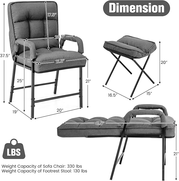 Giantex Modern Accent Chair with Ottoman, Upholstered Arm Chair with Adjustable Backrest & Solid Metal Frame, Linen Fabric Single Sofa Chair and Footrest Set for Bedroom, Living Room (Grey)