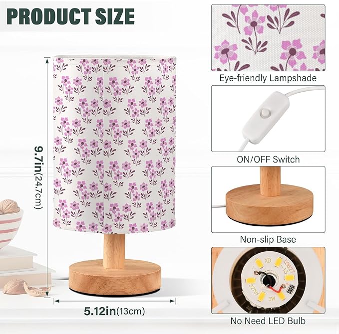 Small Table Lamp for Bedroom Bedside Nightstand with Wire Switch Desk Lamps Linen Fabric Shade Flower Print(Pink)