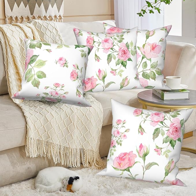 Pink Roses Throw Pillow Covers Set of 4 Blossom Flower Rustic Floral Green Leaves White Romantic Art Design Square Pillowcases for Chair Bed Outdoor Couch Bedroom Patio Farmhouse 26x26Inch
