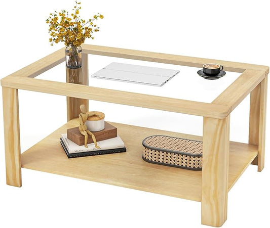 Tangkula 2-Tier Coffee Table, Rectangular Center Table with Tempered Glass Tabletop & Storage Shelf, Farmhouse Wooden Accent Table with Rounded Corners for Living Room (Natural)