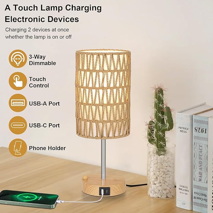 Bedside Lamps Set of 2 with Bulb, Touch Control Nightstand Lamp for Bedroom with Rattan & Linen Shade, 3 Way Dimmable Small Boho Table Lamps with USB Charging Port & Phone Stand