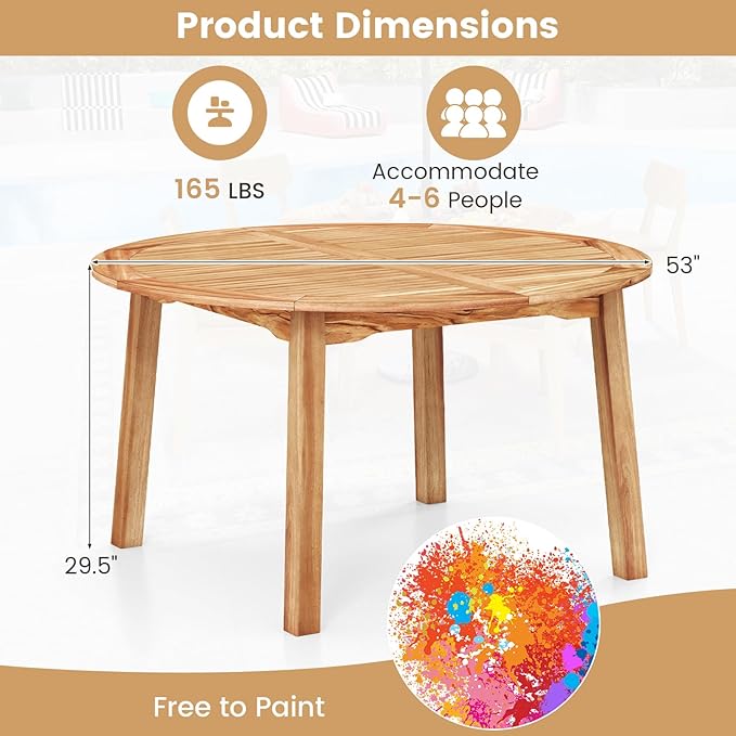 Tangkula Outdoor Round Dining Table for 4-6 People, 53 inch Patio Table with Acacia Wood Tabletop, 2 inch Umbrella Hole, Farmhouse Dining Furniture for Yard, Deck, Garden, Poolside