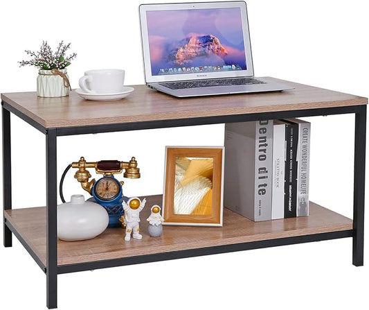 ZenStyle Industrial Coffee Table with Storage Shelf for Living Room, Wood Look Accent Furniture with Vintage Wooden Board Stable Metal Frame Cocktail Desk 2-Tier Tea Table
