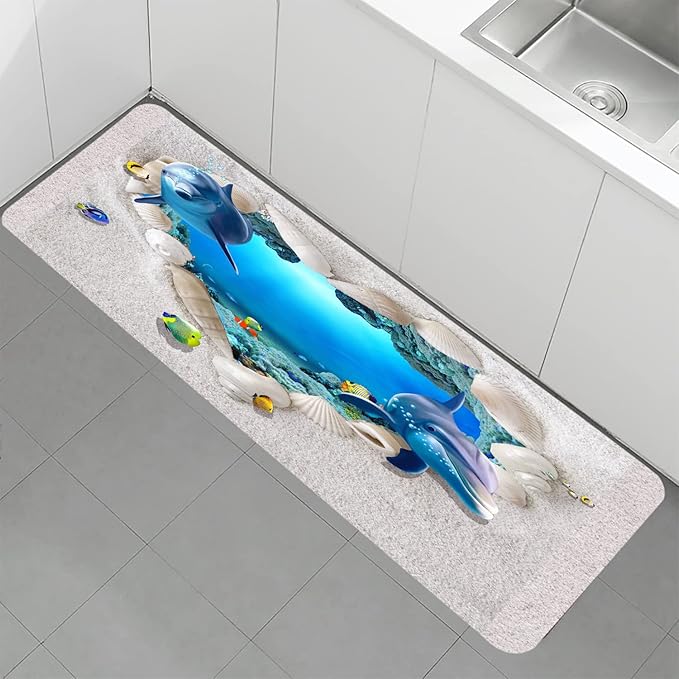 Bath Rugs Sponge Foam Absorbent Soft for Bathroom and Kitchen (71 x 24 inches), Flannel Mat Non Slip Bright 3D Print for Bedside and Living Room(Heart-Shaped Beach Dolphin)