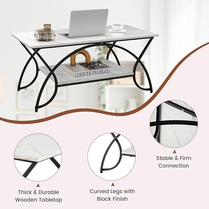 Giantex 2-Tier Rectangular Coffee Table, Faux Marble Table with Open Storage Shelf, Black Finished Metal Frame, Modern Center Table for Living Room, Reception Room (White+Black)