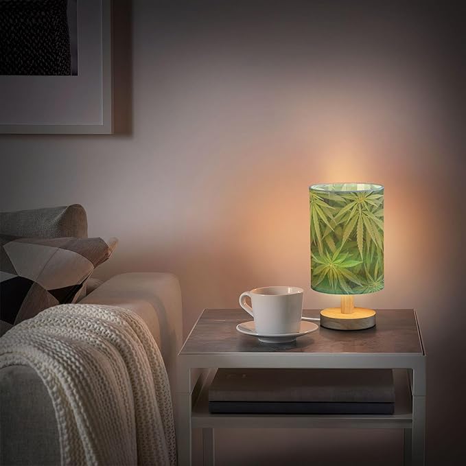 Table Lamp Green Marijuana Leaf Cannabis Weed Plant Leaves Nightstand Lamp with Wood Base Fabric Lamp Shade Bedside Desk Lamp for Living Room Bedroom Kids Room Office