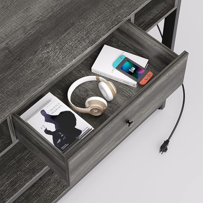 Mexin Console Table with Outlets and USB Ports, Entryway Table with Drawer Storage Shelves, Industrial Wood Hallway Sofa Table for Living Room, Couch, Foyer Table, 47 Inch Grey Oak