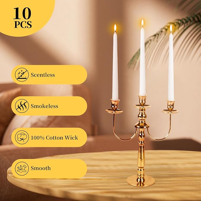 KONNI White Taper Candles 10 Inch Tall Candlesticks 10 Pack Tapered Candles with Cotton Wicks Long Candle Sticks Unscented and Smokeless, Long Burning, Ideal for Wedding, Dinner Party, Home Décor