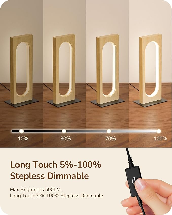 EDISHINE LED Table Lamp, Wooden Bedside Lamp with 3 Color Temperatures & Dimmable, Touch Control Square Nightstand Lamp for Bedroom Living Room, Memory Function, Original Wood Color