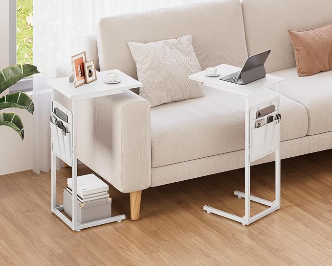 Vagusicc C Shaped End Table, Small Side Table for Couch, Couch Side Table Arm C Table for Sofa, TV Tray Slide Under Sofa Drink Table with Metal Frame for Living Room, Bedroom, Bedside, White