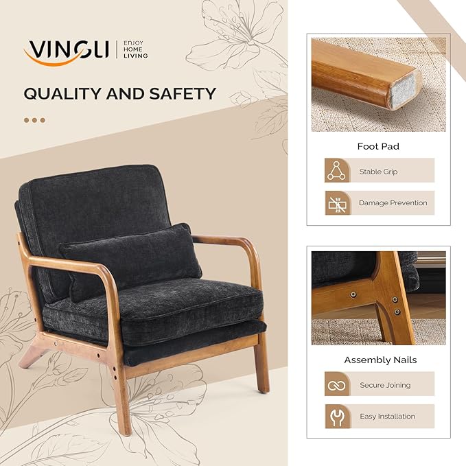 VINGLI Chenille Mid-Century Modern Accent Chair, Cute Reading Arm Chair with Cushion & Lumbar Pillow & Solid Wood Frame for Lounge, Living Room, Reading Room, Bedroom, Black