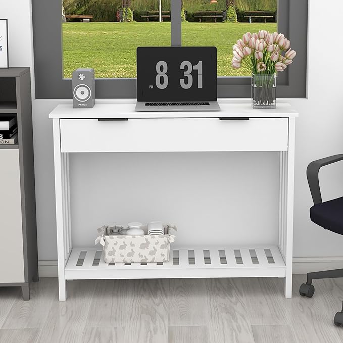 TaoHFE White Narrow Console Table with Storage Modern Wood Entryway Table with Drawer Hallway Table Sofa Tables for Living Room, Entrance Tables for Front Door Corridor, Office, White