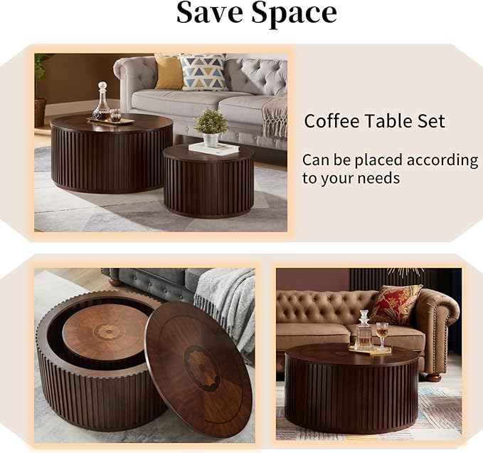 Round Coffee Table Set of 2, Nesting Coffee Tables with Removable Lid, Mid Century Modern Wooden End Table with Large Storage Space for Living Room