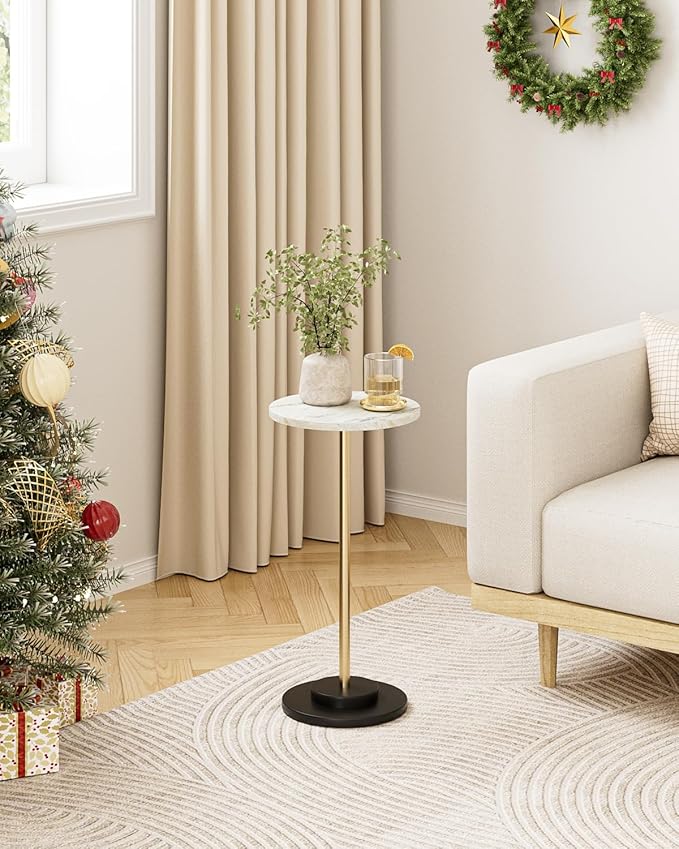 Round Side Table, Small Drink Table for Small Spaces, Modern Accent End Table with Metal Leg for Living Room, Bedroom, Corners, and Office (Marble)