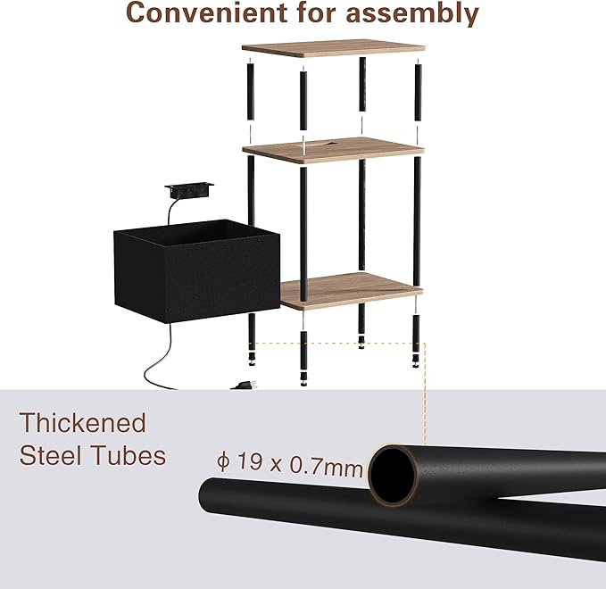 Small Side Table with Charging Station, End Table for Small Spaces, Slim Nightstand with Outlet,Sofa Beside Table, 3-Tier Storage Shelf,Living Room, Bed Room, Natrual Walnut