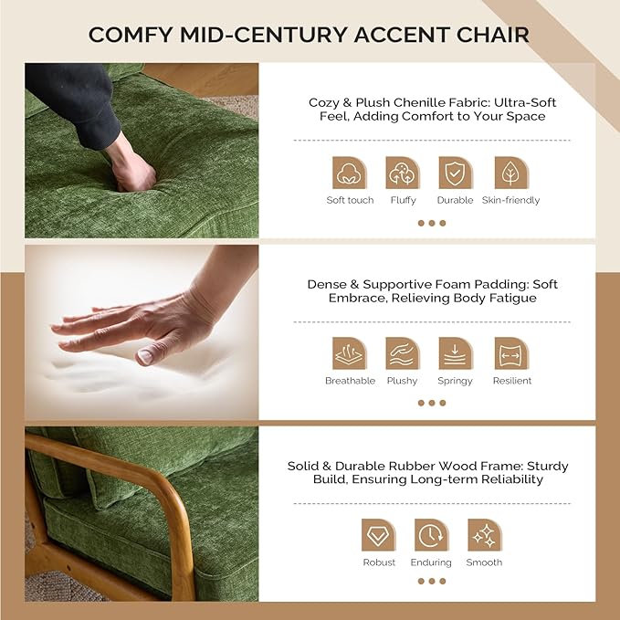 VINGLI Chenille Mid-Century Modern Accent Chair, Cute Reading Arm Chair with Cushion & Lumbar Pillow & Solid Wood Frame for Lounge, Living Room, Reading Room, Bedroom, Olive-Green