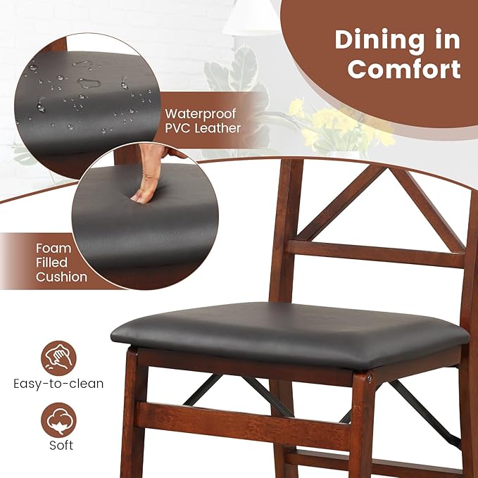 Folding Chairs Set 4, Wooden Foldable No Assembly Chair-Set with Padded Seats, Solid Wood Frame, 400 lbs Weight Capacity, Space Saving Dining Chairs for Small Space, Guests Kitchen (4, X-Shaped Back)