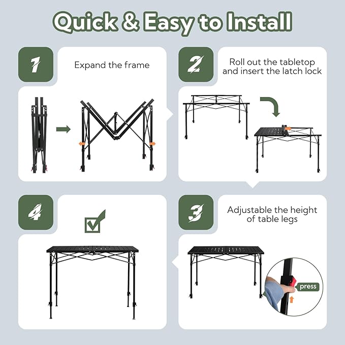 Portable Outdoor Adjustable Height Camping Table, Large for 2-6 Person, Foldable Roll-up Aluminum Camp Table with Carry Bag for Picnic, Camp, Sturdy, Stable, Loads 220 Lbs (Black)